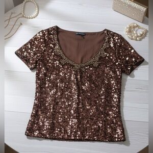 LUISA SPAGNOLI Women’s Bronze Short Sleeve Sequin Top
